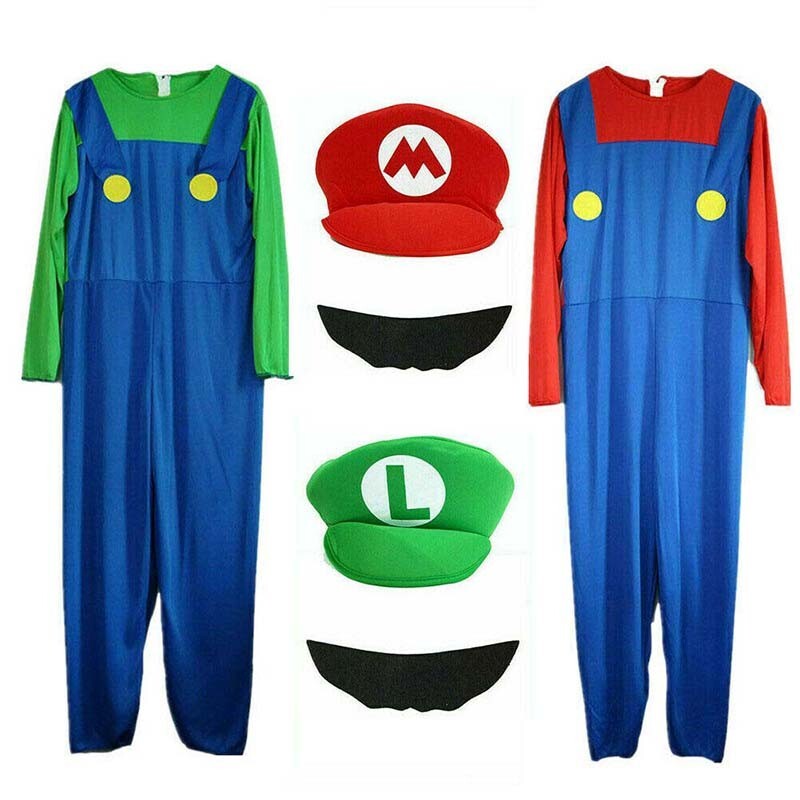 Kids Super Mario Costume Fancy Dress Up Hat Set Party Boy Girl Cosplay