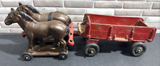 Vintage Brown Metal Horse Team, Red Wagon, USA, Wagon Is Rubber, As-Is, LOOK
