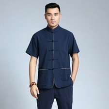 Uomo Cotone Lino Camicia T-Shirt Kung Fu Cinese Rana Bottoni Casual Retrò