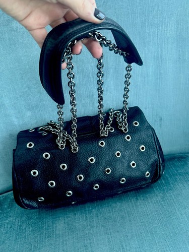 Red Valentino Black Leather Purse Bag Space Grey Silver Grommets Double Chain - Picture 3 of 3