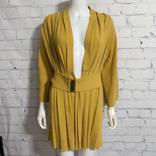 Moth Anthropologie Women’s Cardigan M Mustard Yellow Pleated Front L/S Belt Open