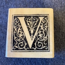 Vintage Letter - V - Monogram Floral Flourish Mounted Rubber Stamp