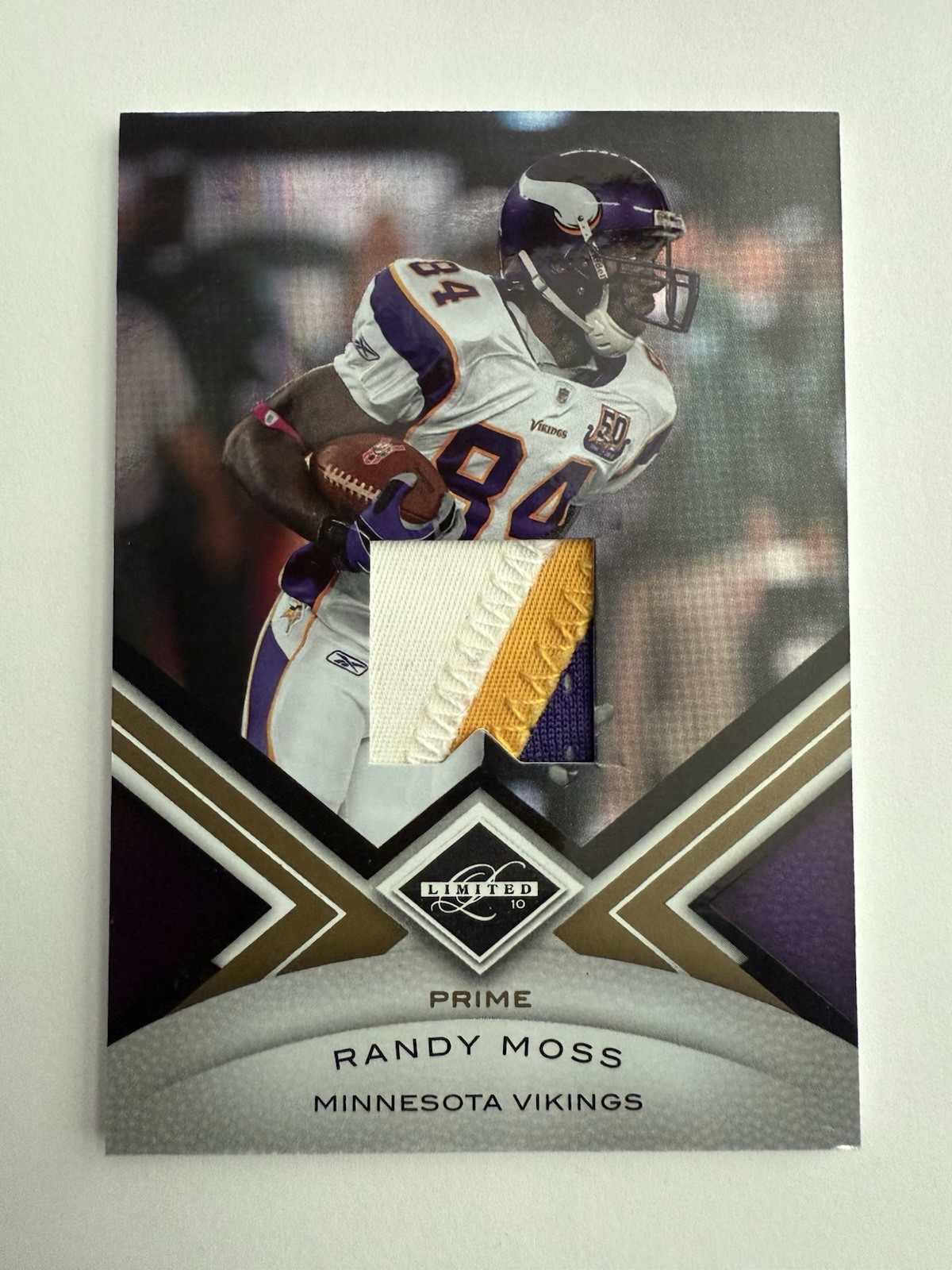 Randy Moss 2010 Panini Limited Prime Game Used 3 Color Jersey Patch /35 READ