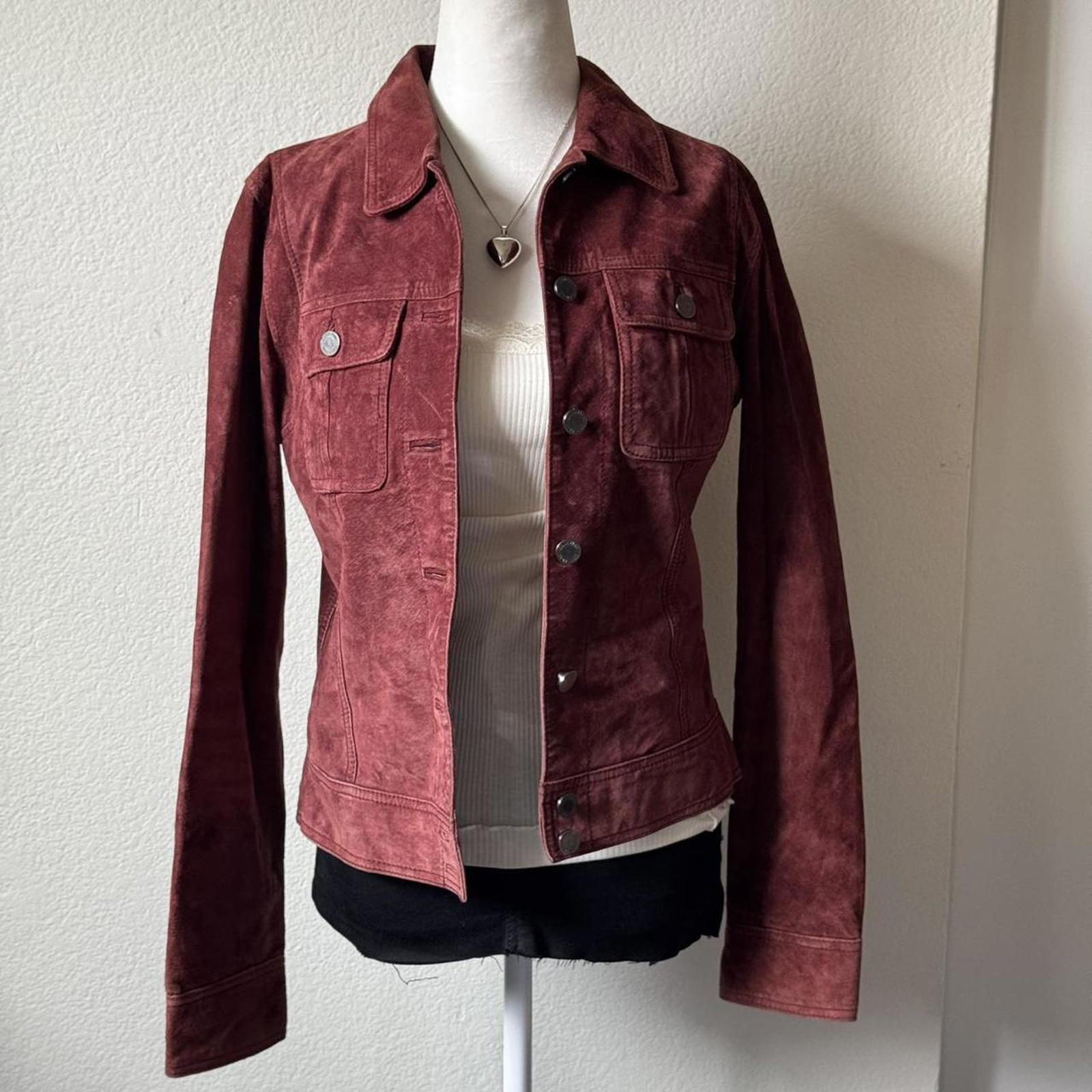 ੈ✩‧₊˚y2k calvin klein burgundy red real leather suede button up jacket thumbnail 2