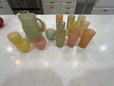 Stunning MCM Vintage Spaghetti Glassware Pitcher & Set With 15 Glasses