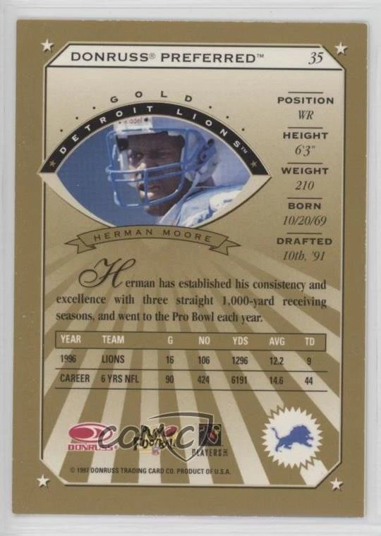 1997 Donruss Preferred Herman Moore #35 - Image 2 of 2