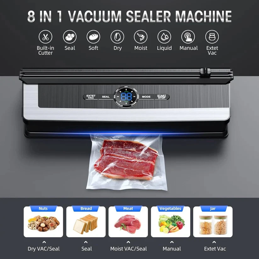 Vacuum Sealer Machine - 8 in 1 Food Food Modes with 15Pcs Seal Bags Kit (Black)