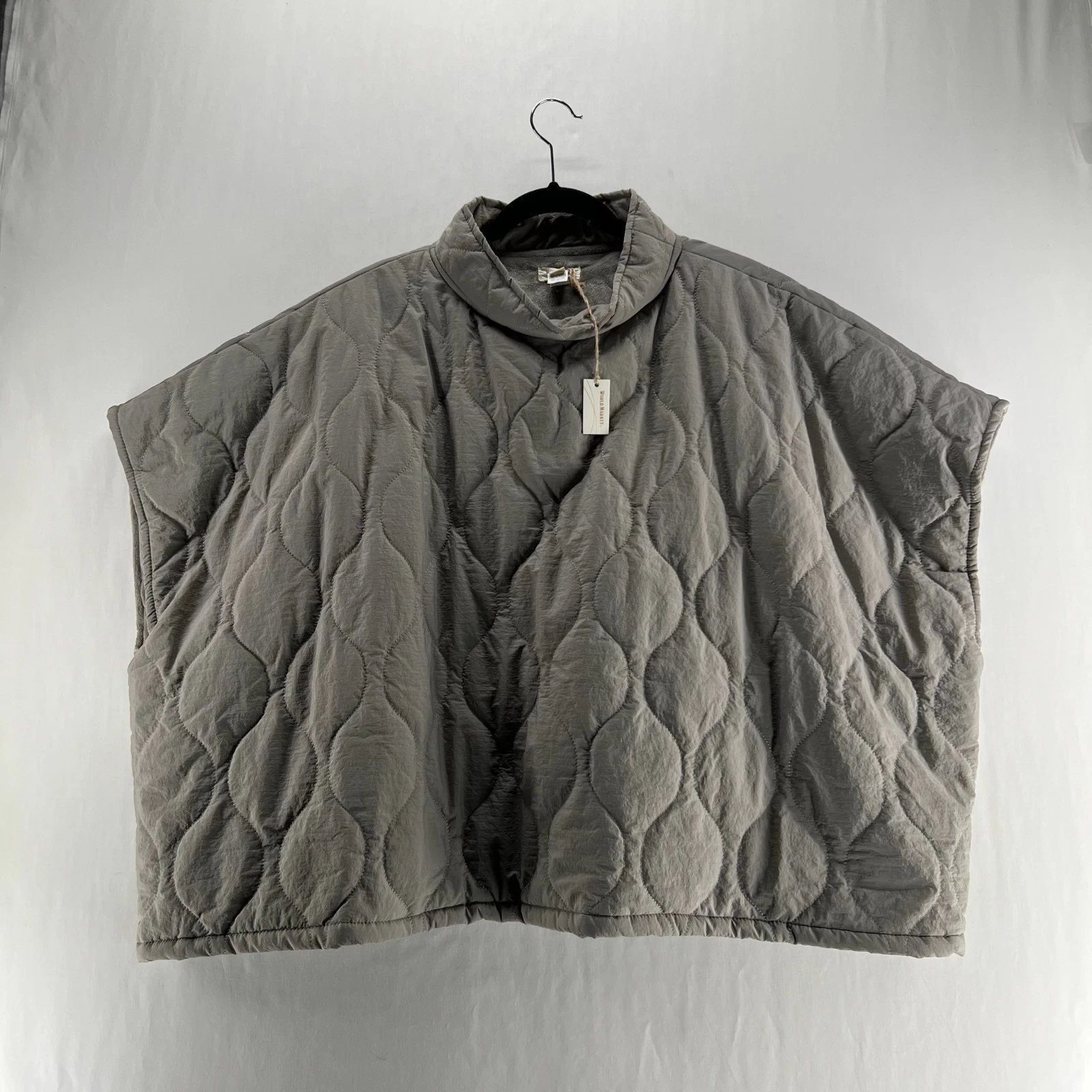 World Market Quilted Fleece Cowl Neck Poncho Womens One Size Oversized Boxy Gray