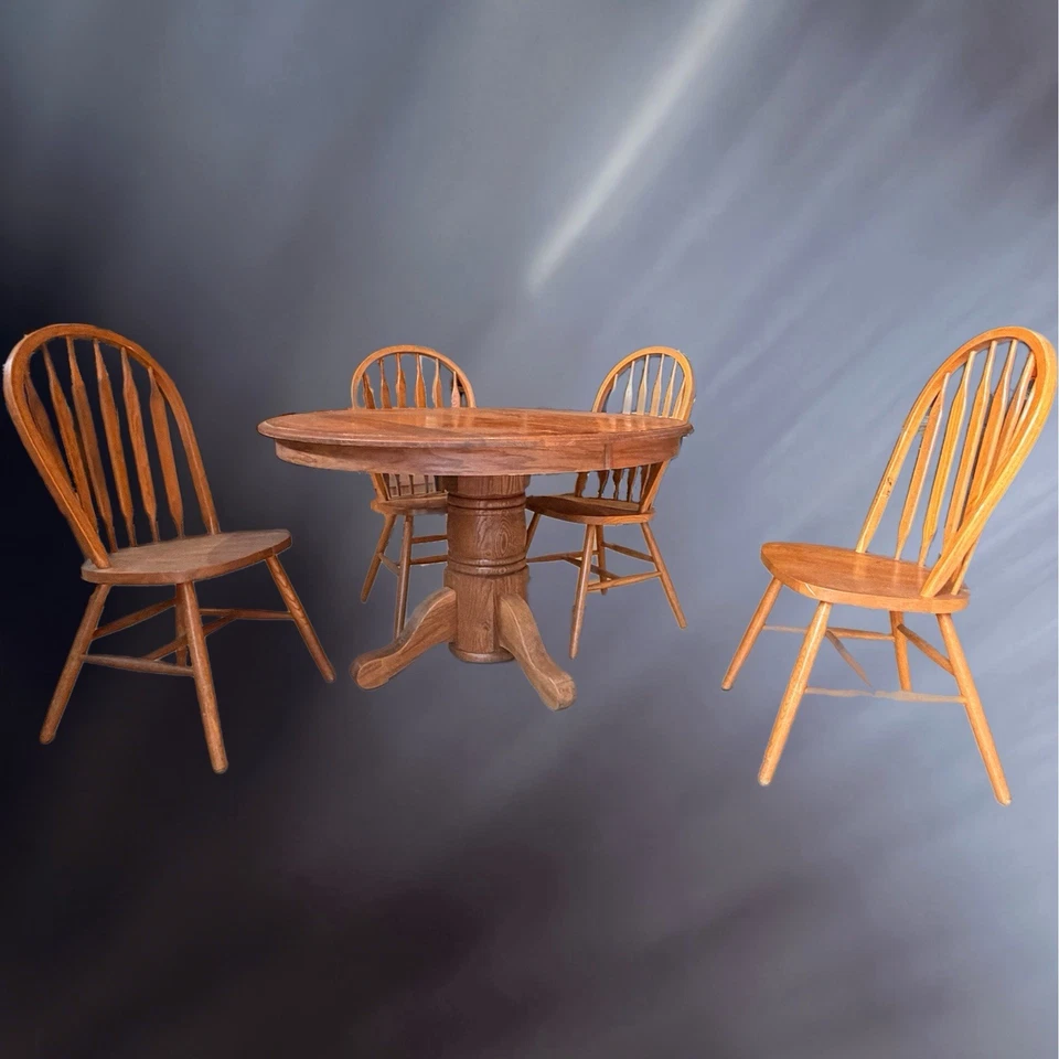 Solid Oak 48" Round Pedestal Dining Table w/ 18" Leaf & 4 Windsor Chairs - Image 2 of 3