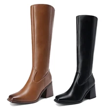 Women Low Chunky Heel Gogo Boots Square Toe Side Zipper Knee High Boots