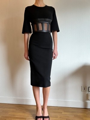 David Koma schwarzes Midikleid Korsett Detail Netz Runway Designer