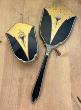 Vintage Art Deco Vanity Brush And Mirror Set, Silver Tone, Black w Floral Deco