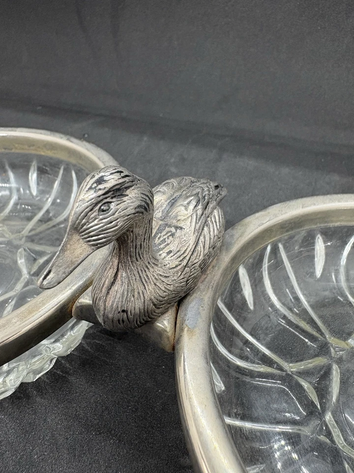 Glass And Silver Plate Double Snack Bowl, Nut Bowl, Candy Bowl, Duck, 12cm Dia - Image 2 of 3