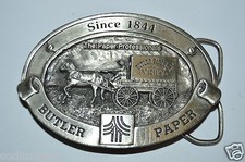 MINTY Vintage Butler Paper Since 1844 Horse Wagon Western Pewter Belt Buckle