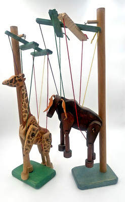 Wooden String Puppet Marionette Lot 2 Moose Giraffe Folk Handmade Elk Vtg Stands