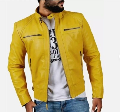 Men's Classics Yellow Genuine Aviator Biker Motorcycle Leather Jacket Men Gift