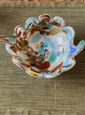 Fabulous VINTAGE MURANO LEAF SHAPED ART GLASS BOWL/ SILVER SPECKS EUC