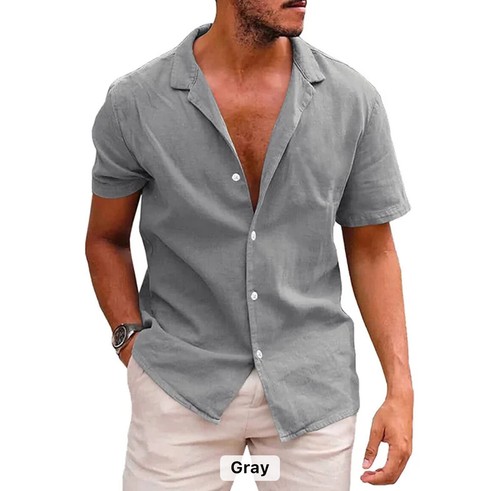Summer Short Sleeve Casual Button Down T Shirt Men's Linen Cotton Tops - Picture 17 of 27