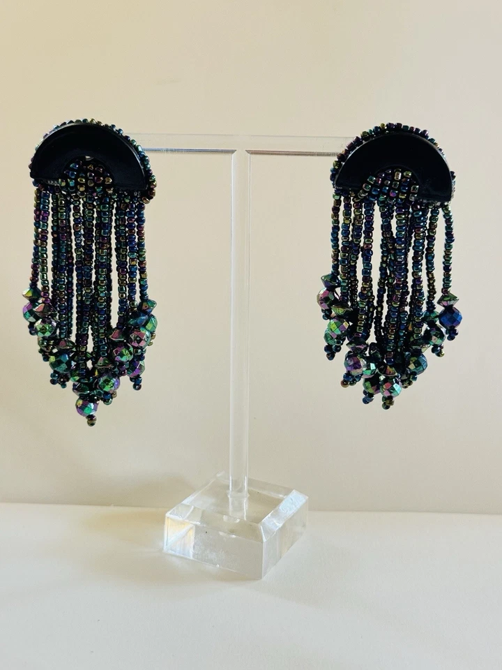 Pendientes de vidrio años 80 de colección negros perforados gruesos racimo cuelgan lucite declaración grande Foto 4 de 4