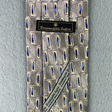 Ermenegildo Zegna Tie Silver Blue Geometric Geometric Silk Made In Italy
