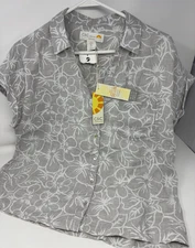 NWT C & C California Linen Short Sleeve Button Down Shirt Gray White Floral Top