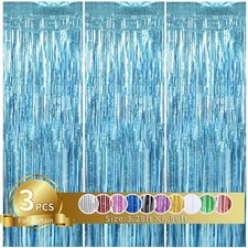 3 PCS Light Blue Door Streamers Metallic Foil Fringe Curtain Backdrop Party