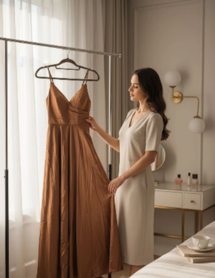 Rust Satin Gown – Size 2 – Corset Closure – Pockets – NWT - image 2 of 2