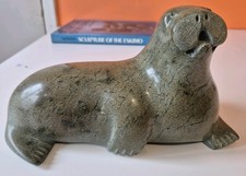 VINTAGE SIGNED CANADIAN INUIT ESKIMO ART STONE WALRUS  DATED 1980 .