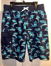 Cat Jack Boys Shark Print Swim Trunks bottom Blue XL 16 Drawstring Cargo