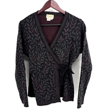 Cherry Lewis Wrap Cardigan Womens Large Wool Blend Floral Leaf Vintage England