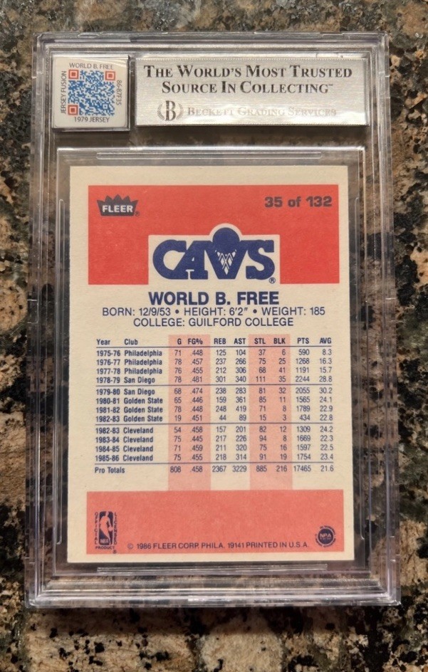 1986-87 Fleer Jersey Fusion World B. Free BGS 7.5 Rookie Card Game Used Patch RC view 2