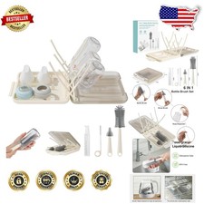 Portable Baby Bottle Brush Set 6 PC White Silicone Travel Drying Rack