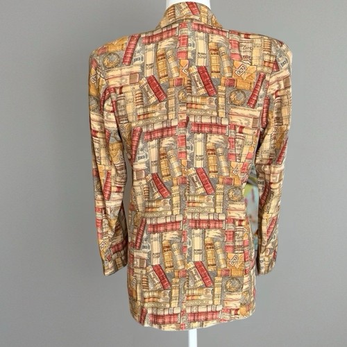 90s O’Trio Paris Library Bookshelf Print Blazer Dark Academia Parisian Size M - Picture 2 of 13