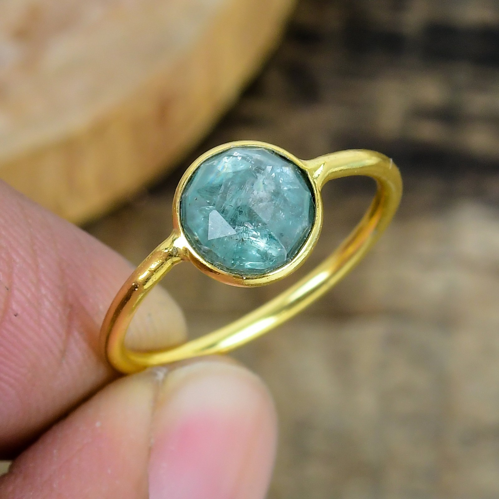 Natural Aqua Kyanite Ring Gold Plated Over Sterling Silver, Handmade Gemstone