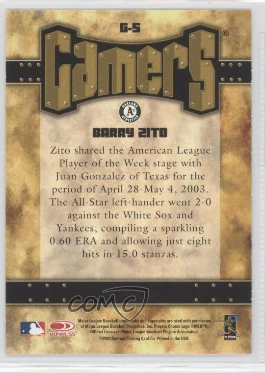 2004 Leaf Second Edition Gamers Barry Zito #G-5 - Image 2 of 2