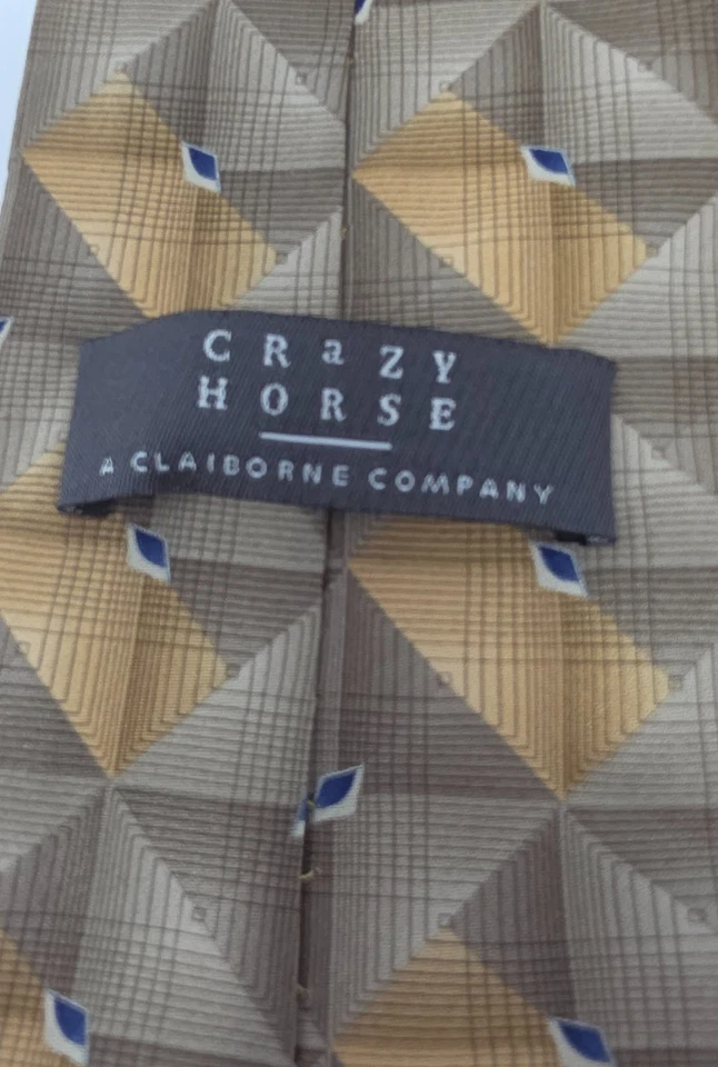 Crazy Horse Claiborne Co. Necktie Mens Gold Silk Geometric Grid Pattern Formal - Image 4 of 4