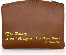 Brown Genuine Leather Rosary Pouch with Cross Imprint and Padre Pio Quote