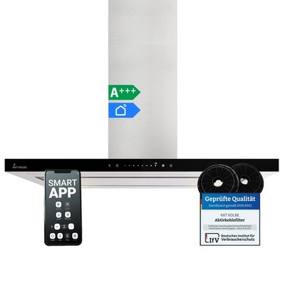 Dunstabzugshaube 90cm Inselhaube Edelstahl schwarzes Glas WLAN Nachlaufautomatik