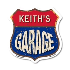 Keith's Garage Shield Shaped Sign Weather Resistant Crafted in the USA