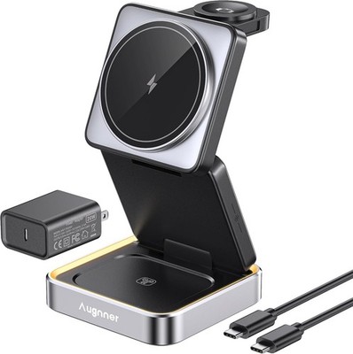 Wireless Charger 3 in 1, Foldable Wireless Charging Station with Night Light