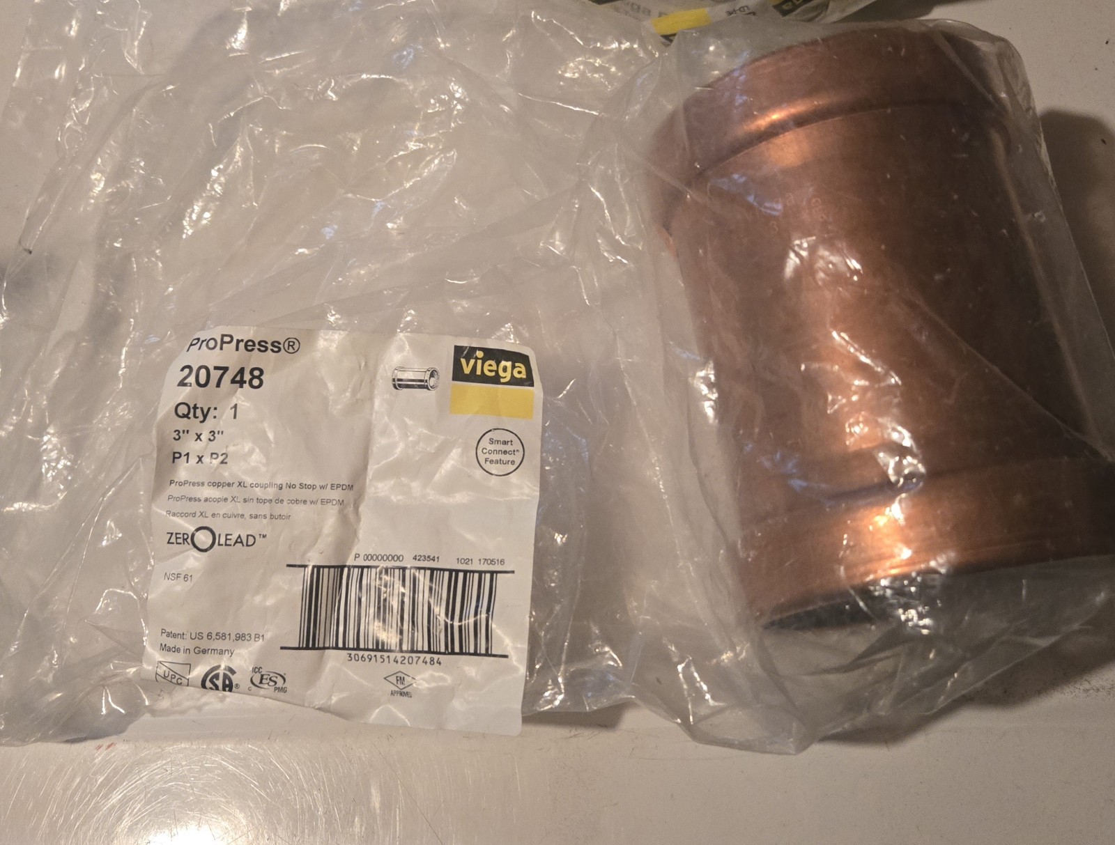 Viega 20748 propress 3" Copper Coupling without Stop NEW!