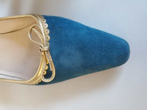 Christian Louboutin Teal Suede Gold Trim Mid High Heel Pumps W Bag 39.5 US 8.5 - Picture 14 of 23