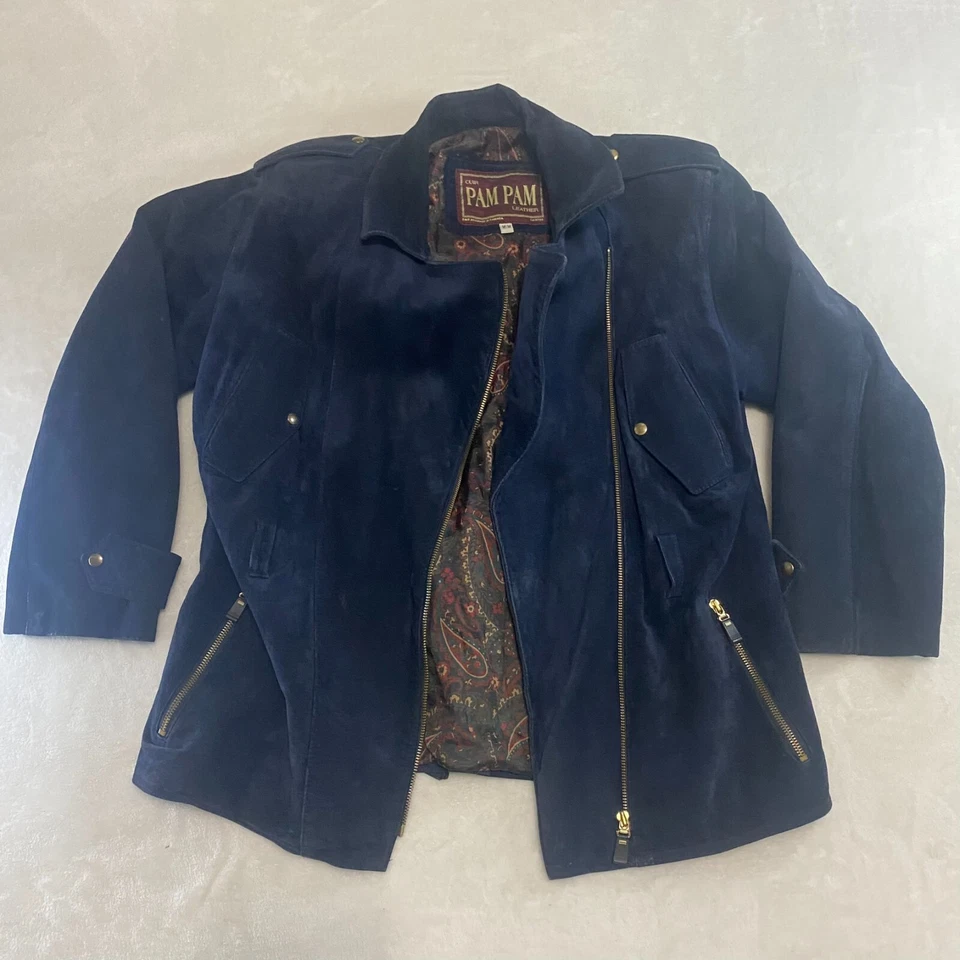 Chaqueta de Cuero Pam Pam Para Mujer Talla Mediana Cremallera Completa Azul Marino Forrada de Cachemira Ejército Retro Foto 4 de 4