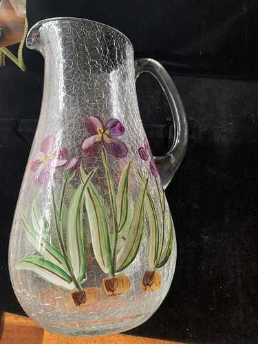 Vintage Tall Crakle Glass Pitcher Carafe Clear Hand Painted Art Glass - Picture 7 of 10
