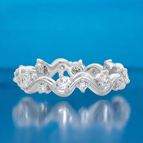 Bague De Mariage Incurvée Or Blanc 14 Carats - Diamants Simulés - Taille Réglable (jusqu'à US 12) - Neuf Sans Emballage