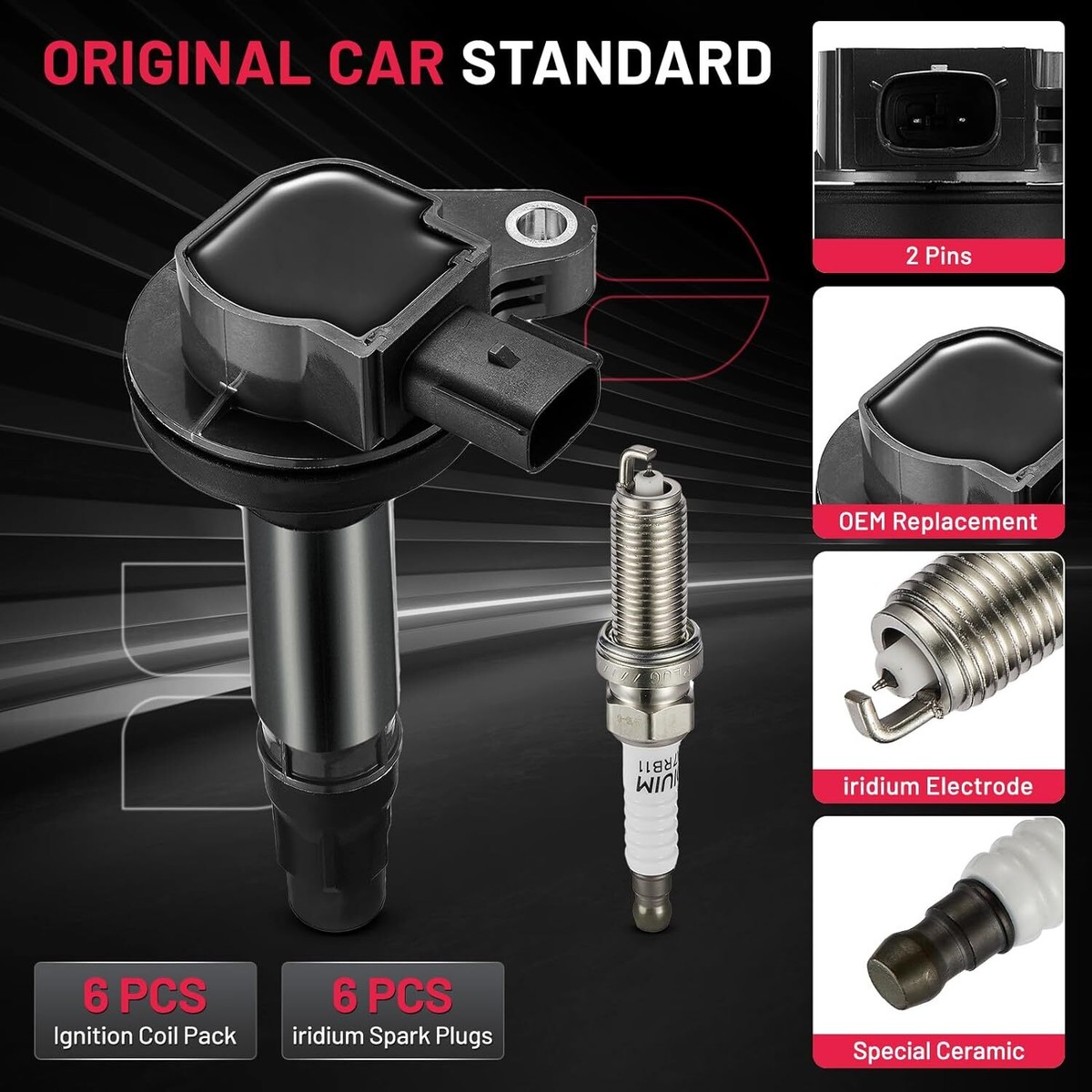6 Ignition Coils Pack UF553 and Spark Plug For 2009-2011 Lincoln