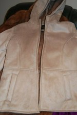 Cream Faux Leather Suede Fur Coat Jacket With Hood - Fit Size 14-16 - Excellent