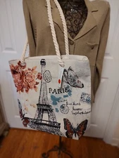 Renshun ~Paris Tapestry Rope Handle Tote Bag ~ Ivory ~ Zipper Closure ~ NEW