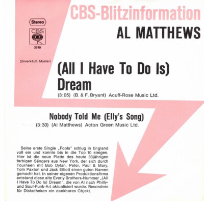 7'', Single, Promo Al Matthews - (All I Have To Do Is) Dream