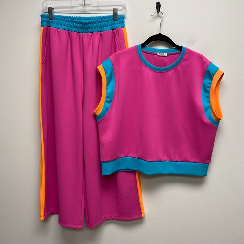 Why Dress Women Pink Blue 2Pc Set Dolman Sleeve Stretch Wide Leg Pull On Pants L